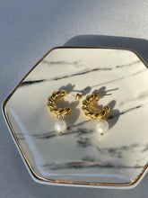 Load image into Gallery viewer, Gold Pearl Drop Hoop Earrings