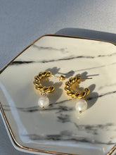 Load image into Gallery viewer, Gold Pearl Drop Hoop Earrings