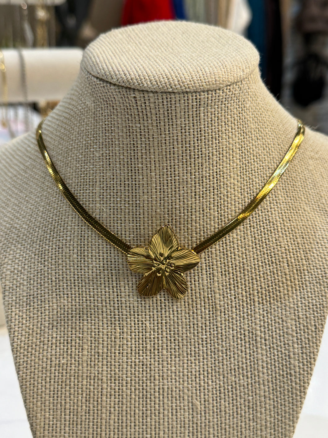 Gold Lily Flower Herringbone Necklace