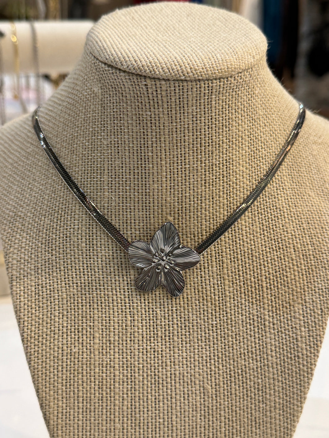 Silver Lily Flower Herringbone Necklace
