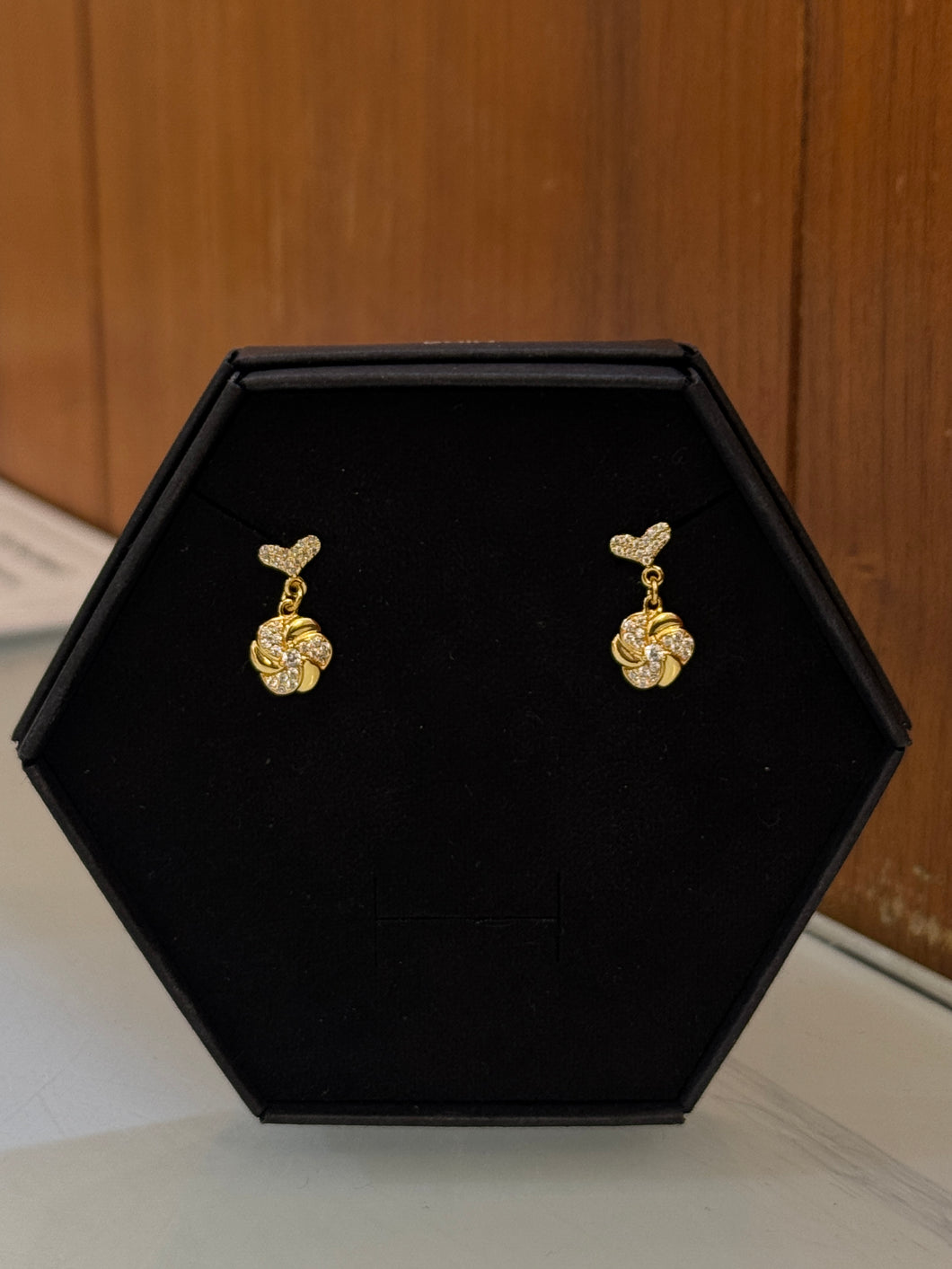 Gold Heart Twirl Diamond Dangle Earrings